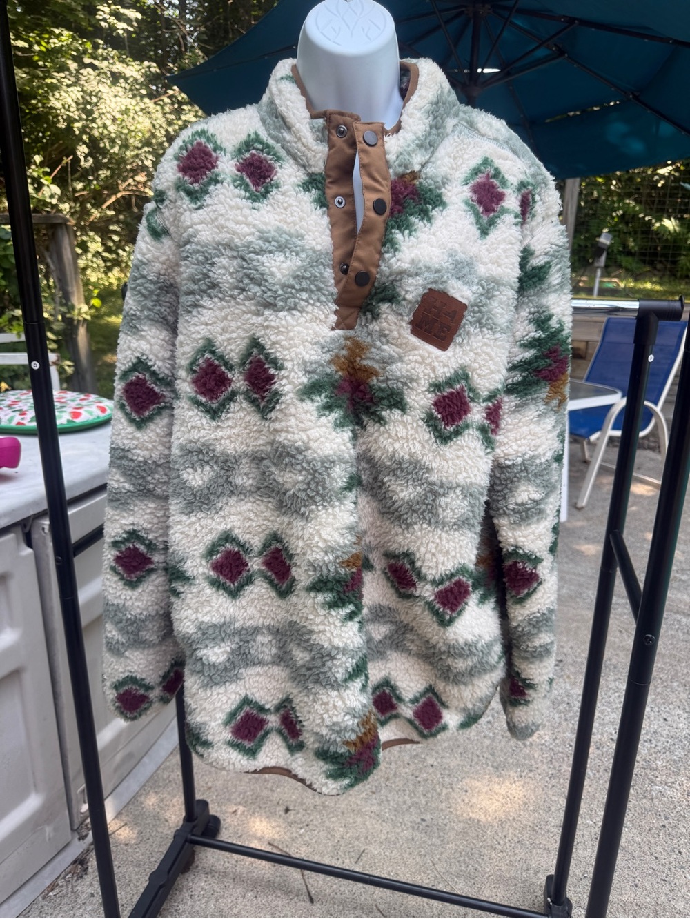 Cozy Sherpa Pullover Jacket in Cream with Green & Burgundy Pattern